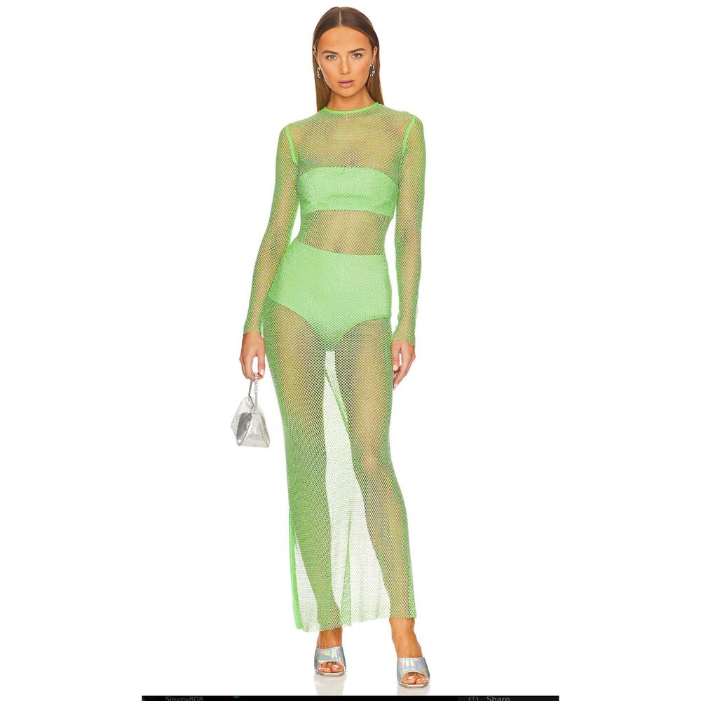 Bronx and Banco Rhinestone Fishnet Maxi Dress XS Formal Festival Neon Green Webb